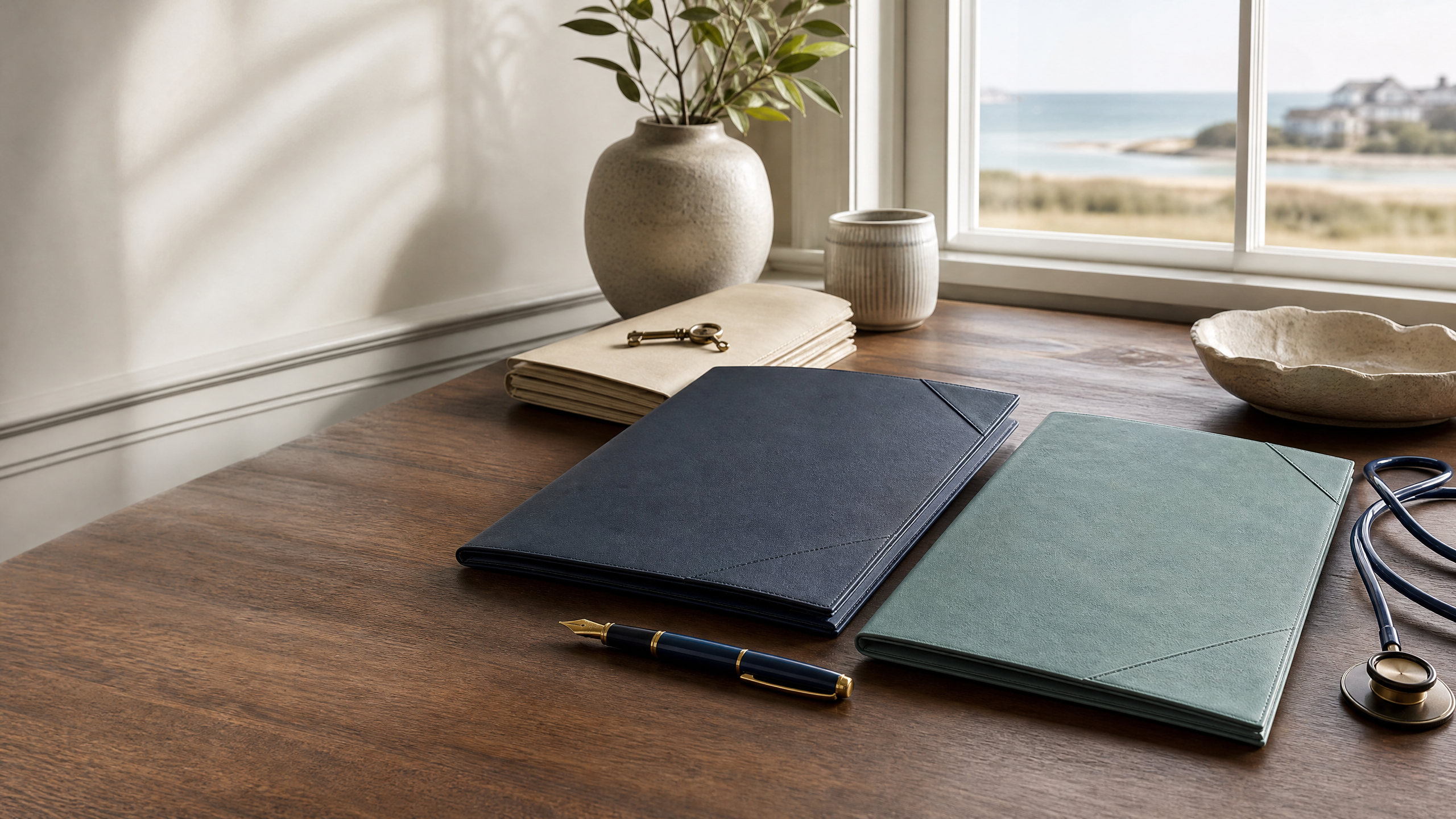 Financial and healthcare power of attorney folders beside a pen and stethoscope