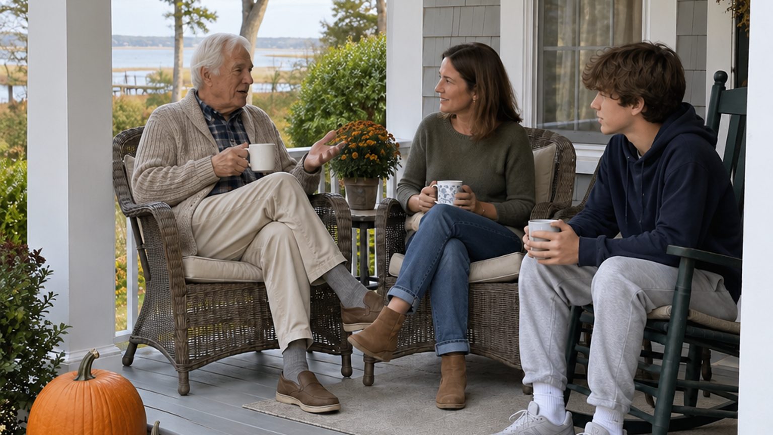 Grandfather, adult daughter, and teenage grandson talking over coffee on a coastal North Carolina front porch in the fall