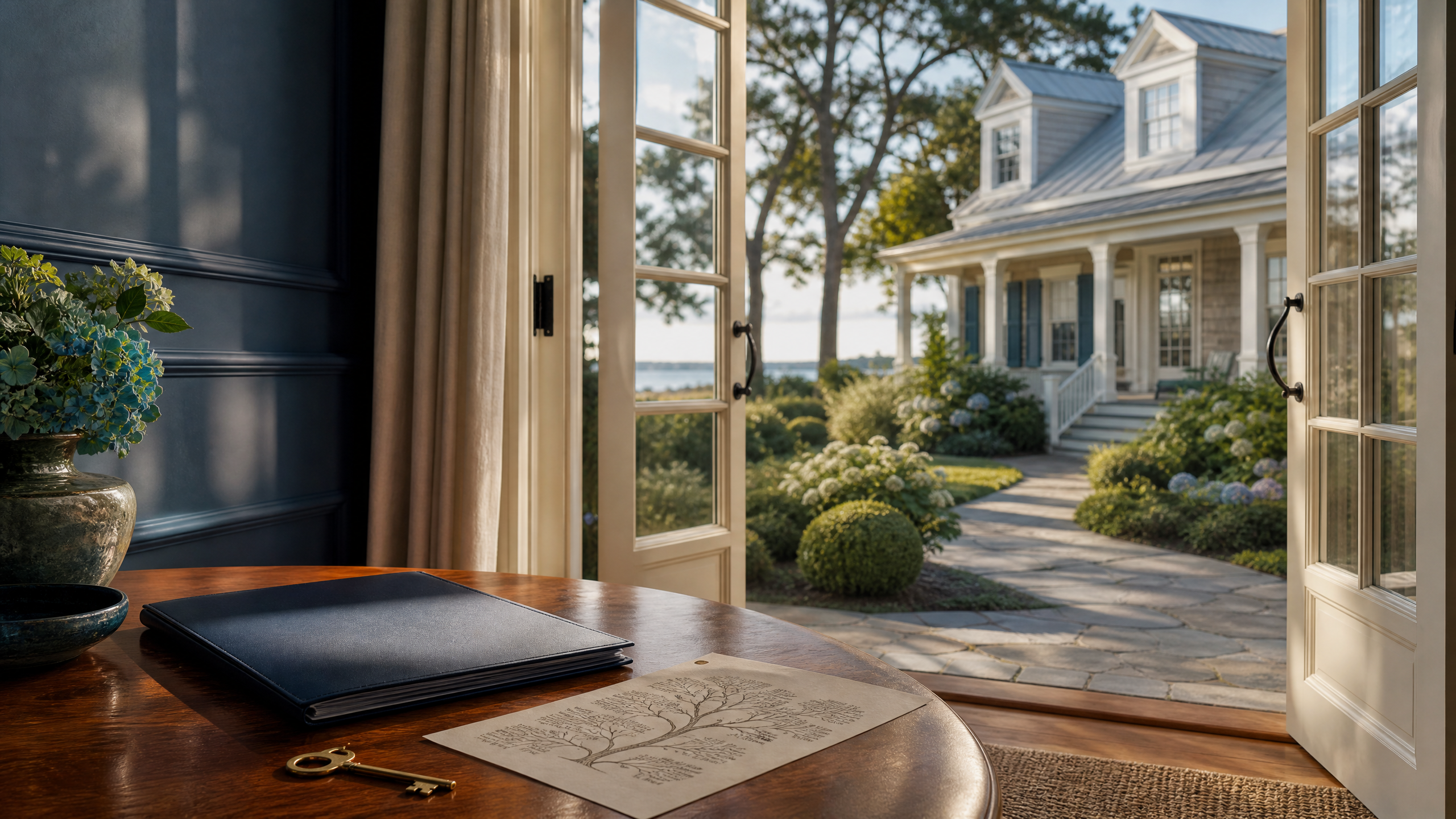 A North Carolina home viewed through open doors beside estate planning documents